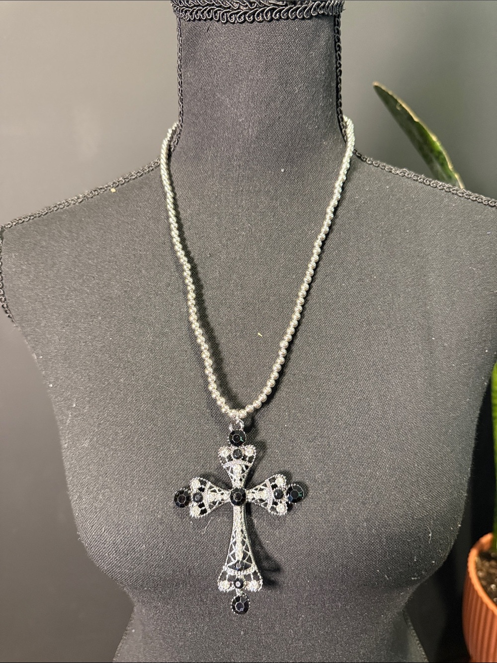 Black Beaded Cross Pendant Necklace - Unbranded